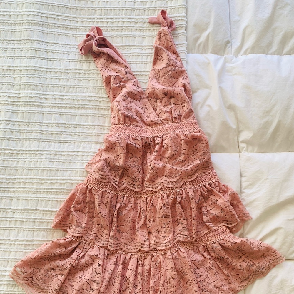 Smoky rose lace dress with elegant tiers, ribbon ties at the shoulder